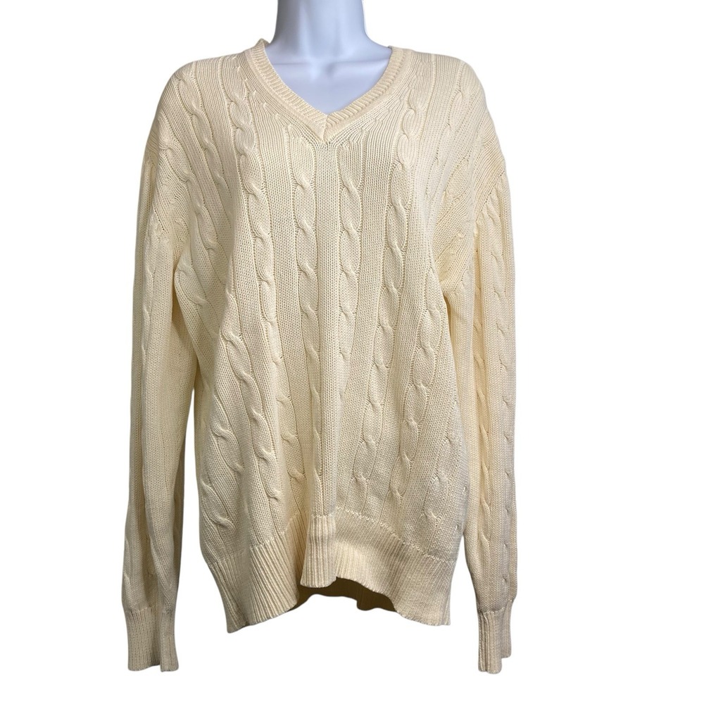 Jos A Bank Ivory Cable-Knit Fisherman Sweater L 100% Cotton Nautical Heritage
